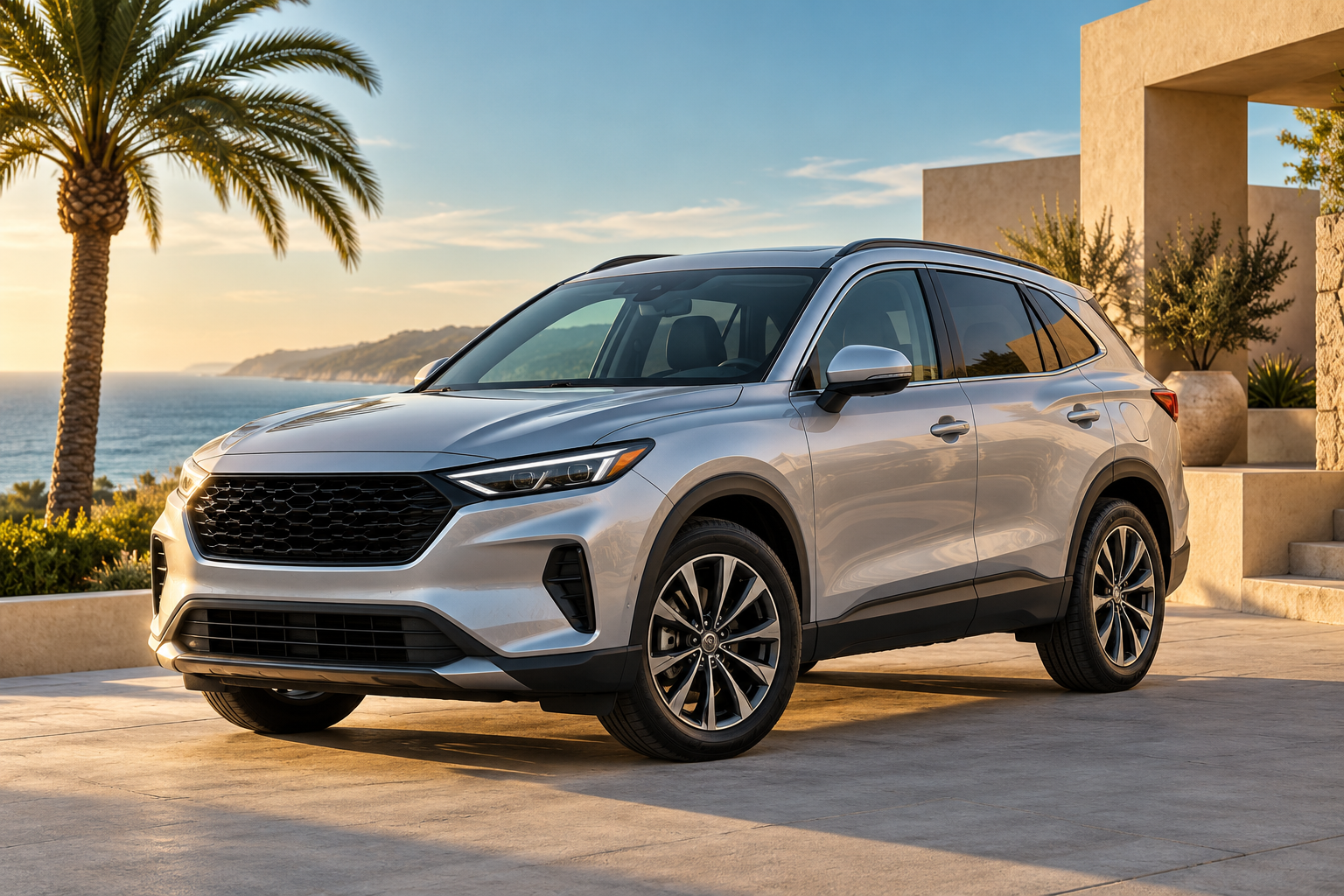 Illustrative silver crossover parked beside coastal architecture